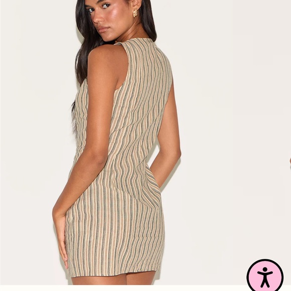 PrettyLittleThing Stone Pinstripe Button Down Shift Dress - Picture 2 of 5